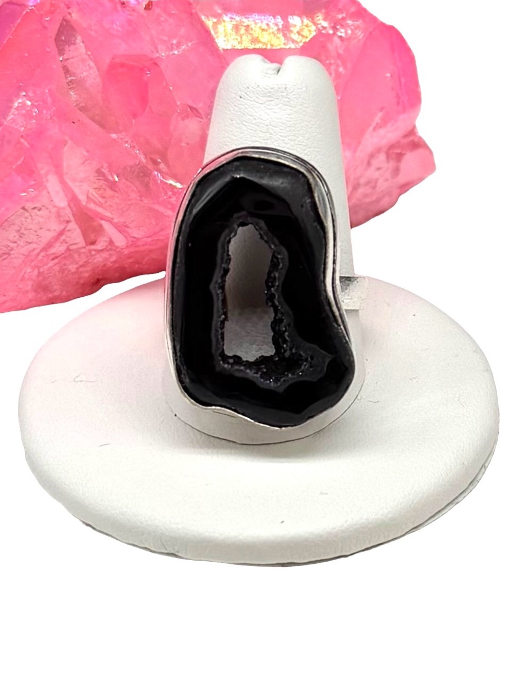 Black Window Druzy Agate Ring Size 10 925 Sterling Silver Overlay